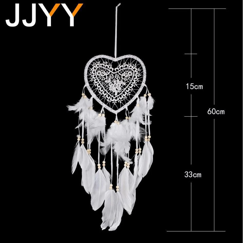 JJYY Peach Heart Dream Catcher Decoration Pendant White Feather Handmade Home Decoration Wall
