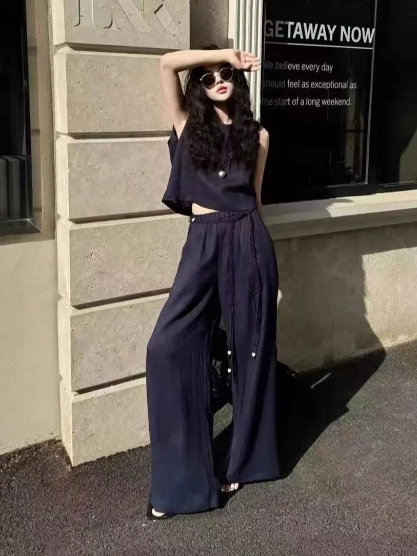 

Summer casual minimal solid color women's high quality belt decorated linen suit