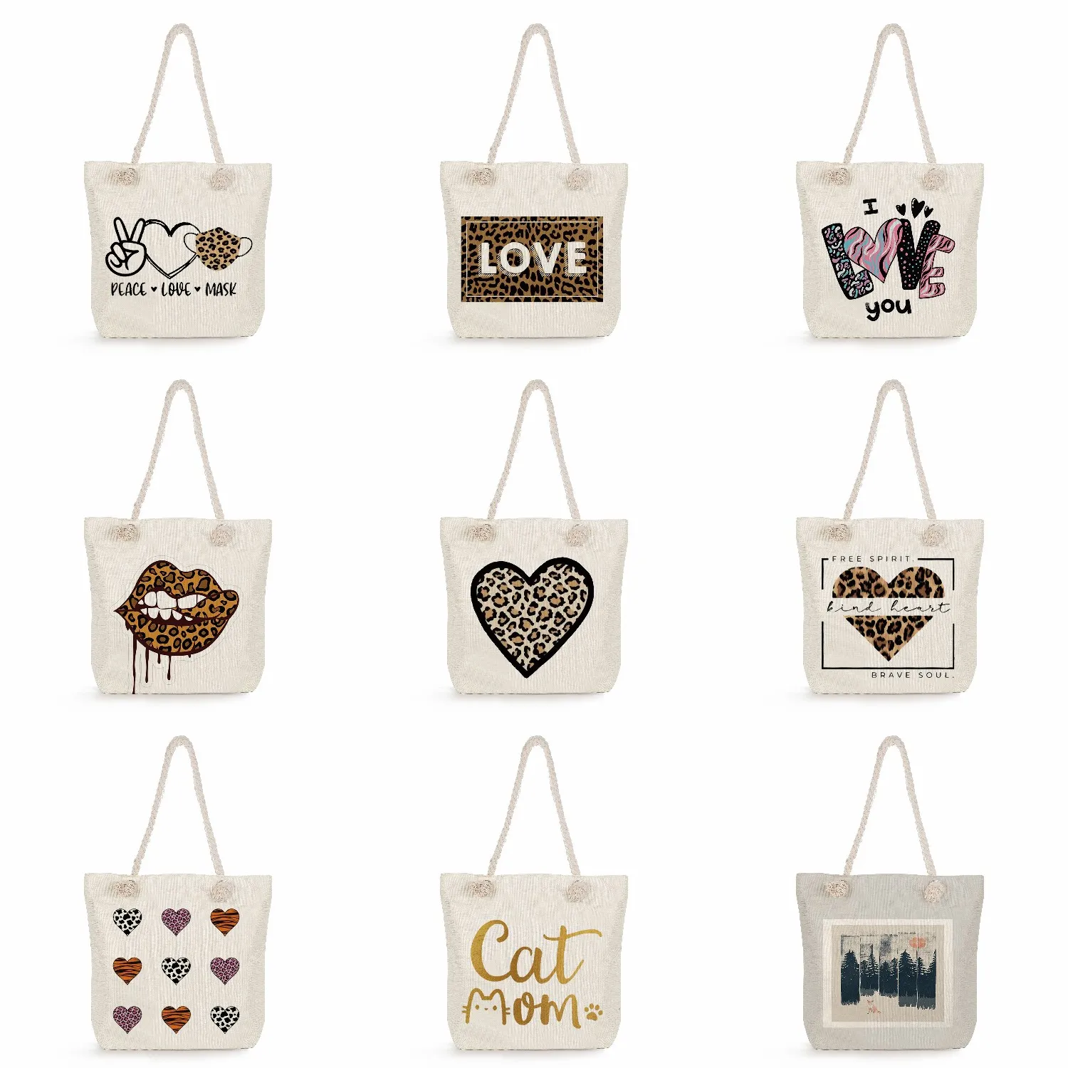 Reusable Thick Rope Shopping Bags Female Travel Elegant Handbags For Women Cartoon Leopard Letter Printed Tote Bag Customized