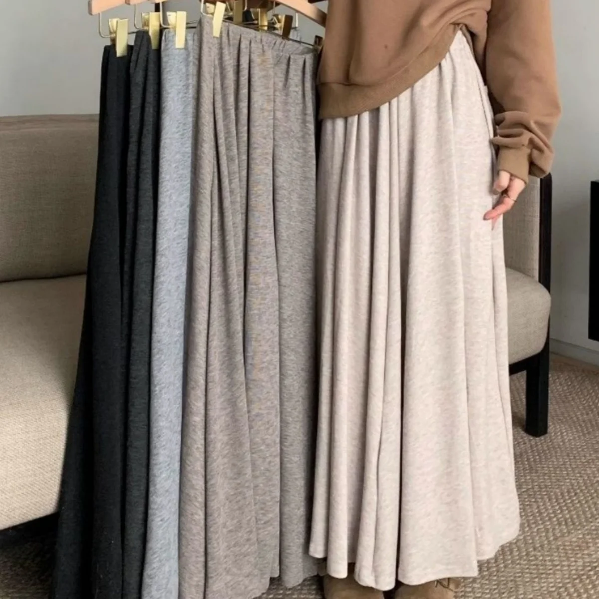 Female Solid Soft Long Skirts Elastic High Waist Ankle Length Loose Pleated Spring Casual Office Night Out Versatile Trend Skirt