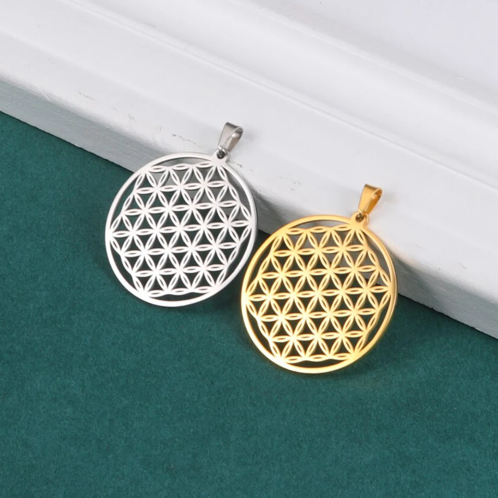 LIKGREAT Flower of Life Charms DIY Accessories for Necklace Jewelry Making Stainless Steel Gold Color Mandala Pendants Handmade