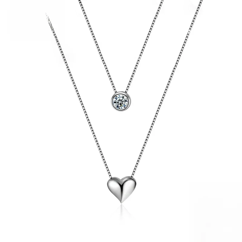 Gorąca sprzedaż 925 Sterling Silver Heart Zircon Pendant Double Layer Collarbone Necklace Fine Rhinestone Necklaces Biżuteria damska Prezent — zdjęcie 2