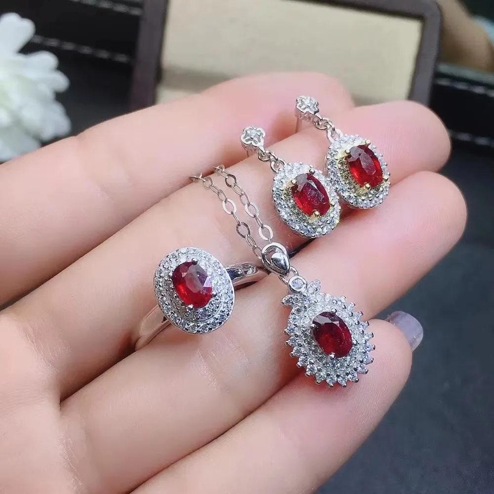

Jewelry 925 Pure Silver Plated Platinum Inlaid Natural Ruby Ring Pendant Long Earrings Women's Set Gift for Girlfriend Christmas