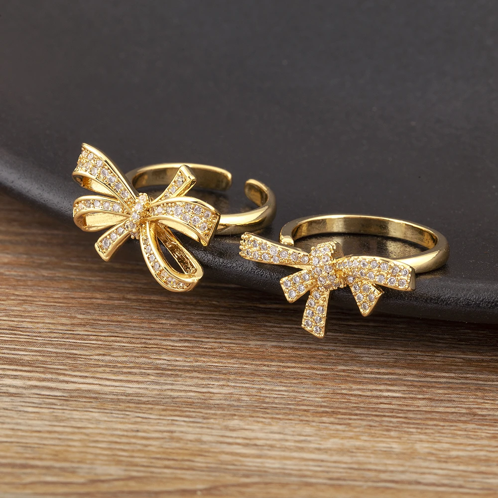 Nidin New Retro Romantic Bow Shape Open Rings Adjustable 5 Styles For Women Girl Shine Zircon Fancy Jewelry Anniversary Gifts