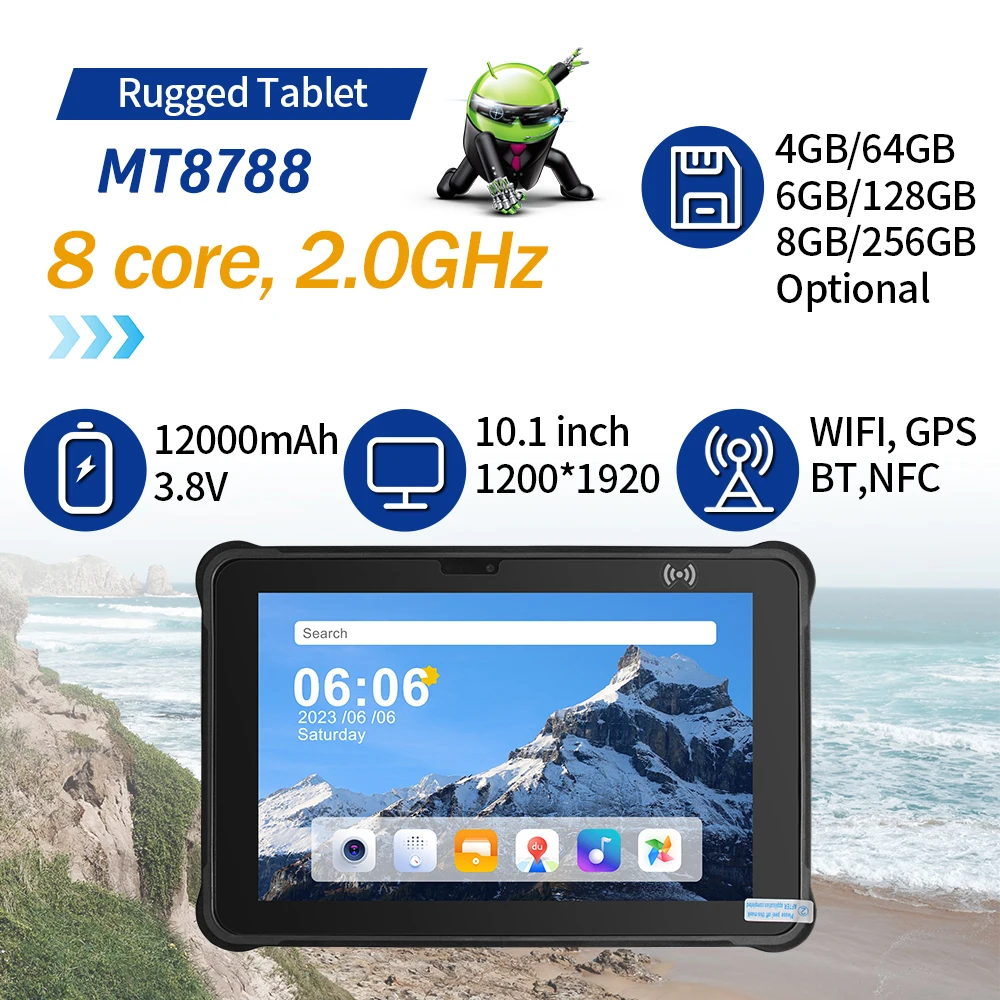 

Прочный планшет 10,1 дюйма, планшет Android 11, 6 ГБ + 128 ГБ с NFC GPS, 4G LTE, Bluetooth 4,2, промышленный КПК