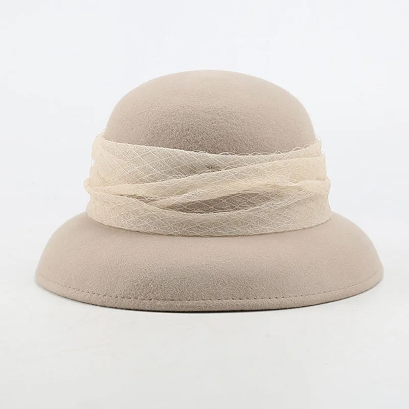 

Women Wool Felt Hat Veil Mesh Wide Brim Dress Formal Church Hat Elegant cloche Hat Bucket Hats