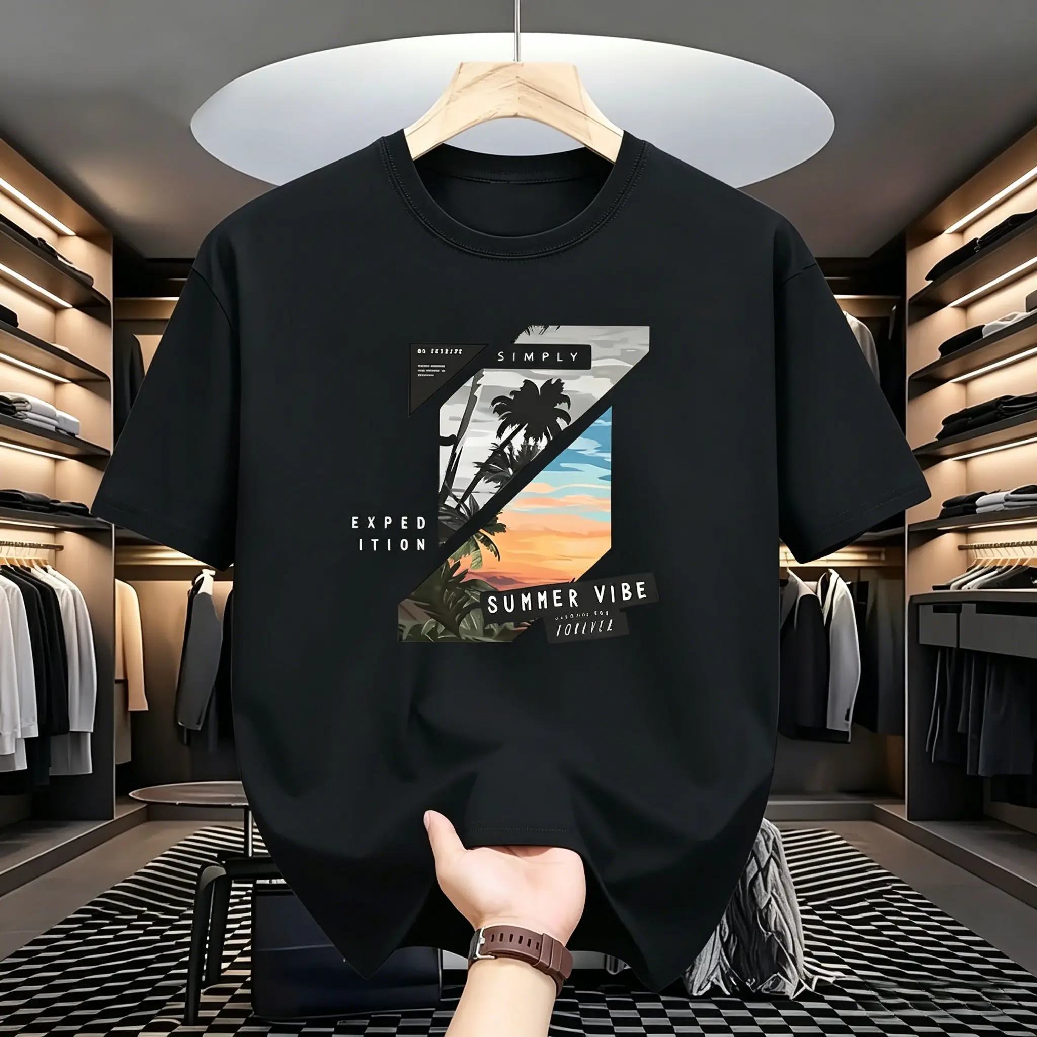 Camiseta para Hombre, Negra, Minimalista, con Estampado de Palmeras y Atardecer Tropical, Diseño Geométrico con Eslogan, Suave, Transpirable, para Vacaciones de Verano