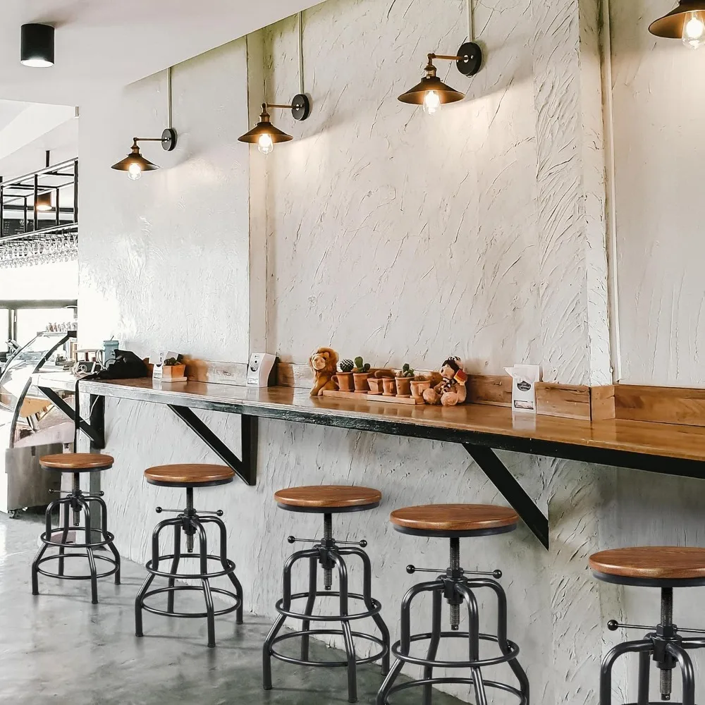 

Industrial Bar Stool Vintage Counter Rustic Counter Height Metal Bar Stool Adjustable with Round Wood Seat Kitchen/Dining/Cafe C