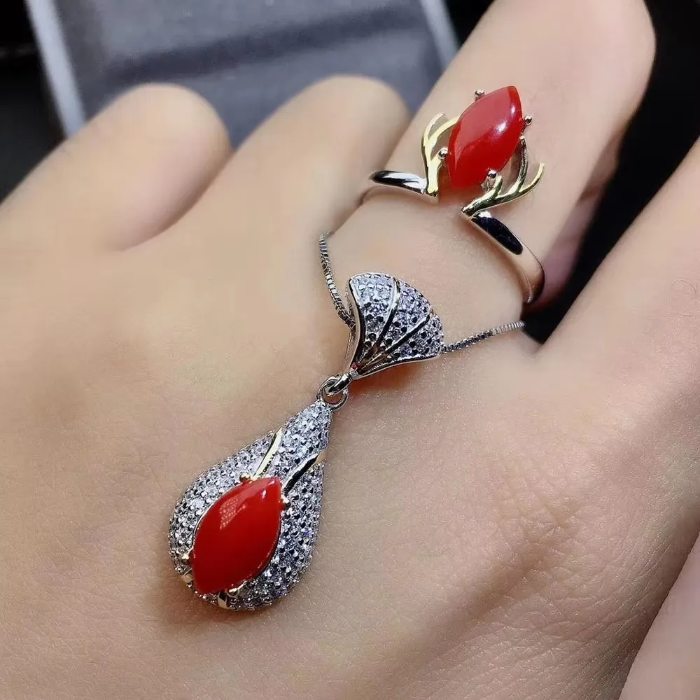 Girls' Natural Red Coral Gemstone Necklace Pendant Ring Set 925 Pure Silver Plated Platinum 5x10mm Rugby Style Gift for Girlfrie