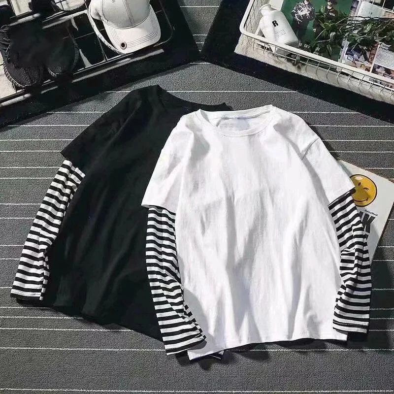 Cool Harajuku Black White Striped Y2K Long Sleeve Solid Color T-shirts Men Women Fall Fake Two Piece Long Sleeve Loose T-shirt