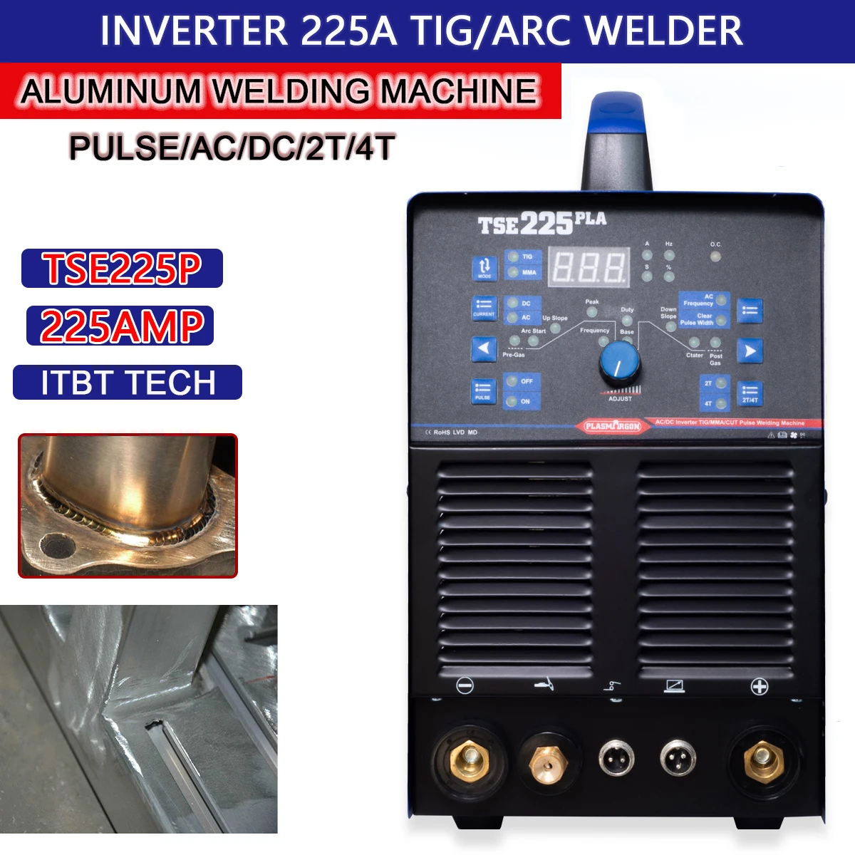 TSE225P Pulse TIG Arc Stick AC Aluminum Welding Machine TIG Welder 220V or 110/230V 3 Phase 225Amp