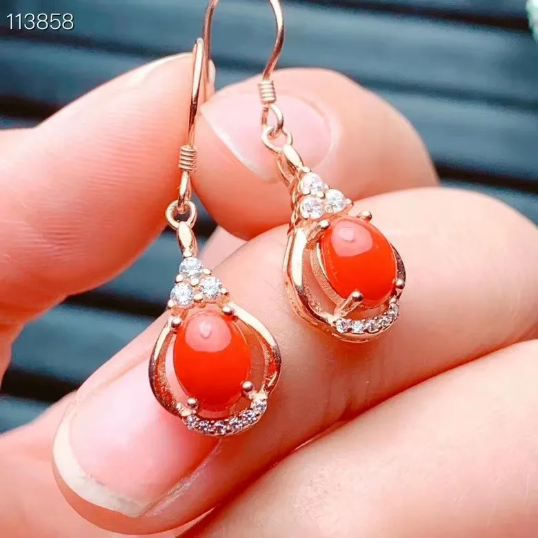 Boutique Jewelry 925 Pure Silver Natural Red Coral Agate Gemstone Women's Pendant Ring Earnail Set Rose Gold Lucky Bag Style