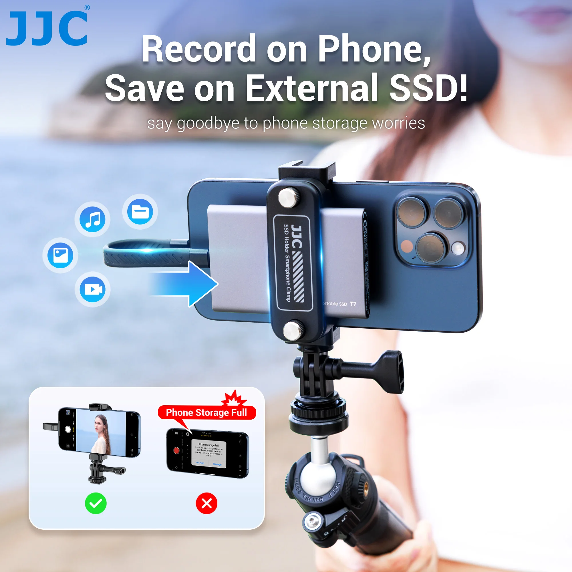 JJC 2-in-1 Smartphone Clamp Portable SSD Holder Metal Phone Clamp Tripod Mount Adapter W Cold Shoe Mount Supports 360°rotation