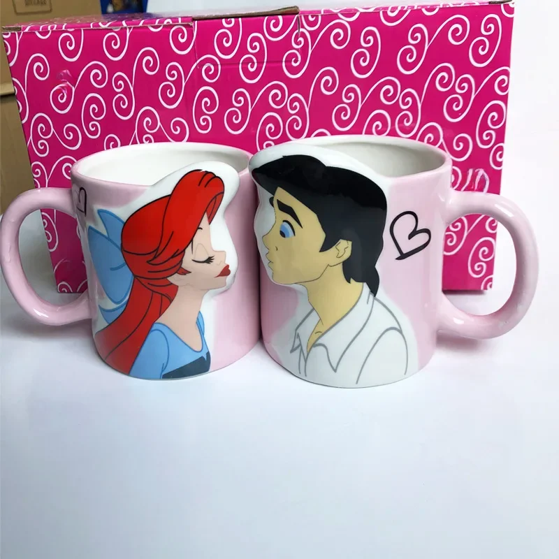 Tasse à café en céramique Disney pour couple, tasse princesse, tasse sirène, tasse La Belle et la Bête, double tasse blanche neige, cadeaux pour couple, 2 pièces