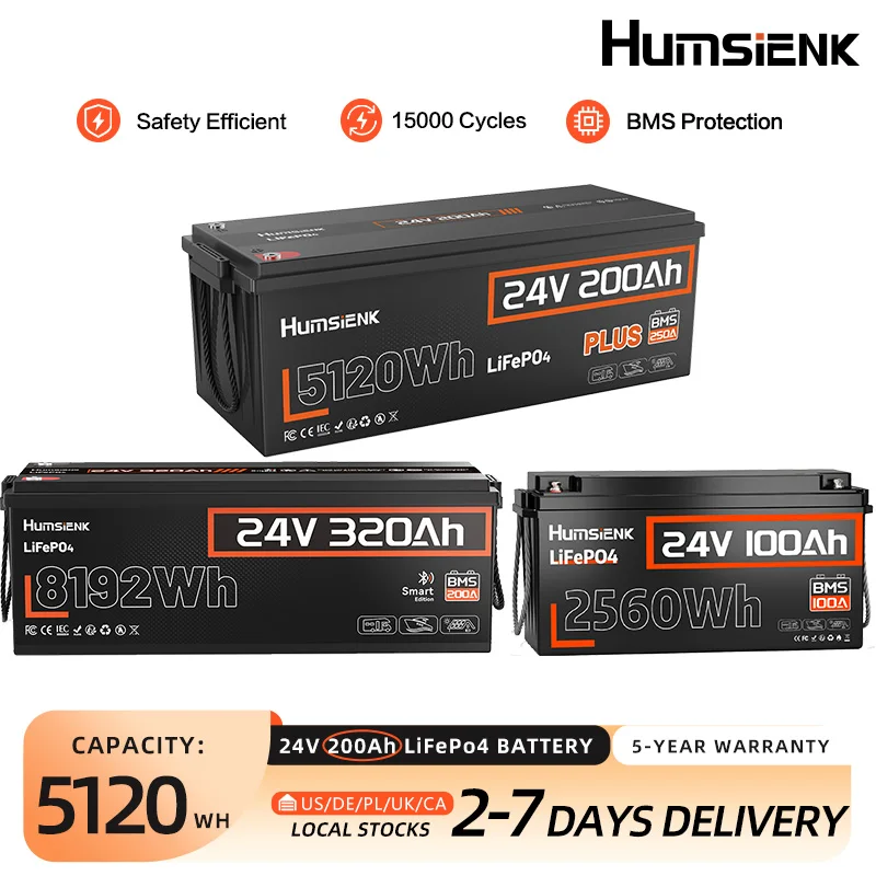Humsienk 24V 100Ah/200Ah/320Ah LiFePO4 Battery, Built-in 100A/200A BMS, 15000+ Deep Cycle, Low-Temp Protection, MAX 15000+ Cycles For RV, Van, Golf Cart, Boat, Camper, Marine, Trolling Motor, Off-Grid, Solar Energy Storage, 5-Year Warranty