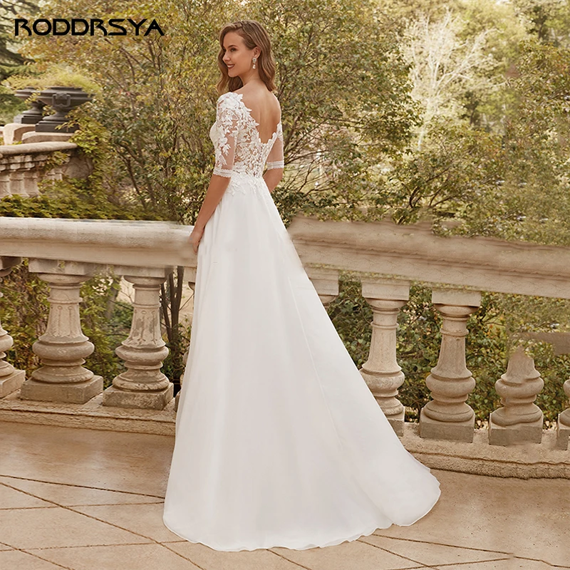 Roddrsya Elegante Halve Mouwen Bridal Jurken Delicate Kant Applicaties Trouwjurk Chiffon Trein Robe De Mariee Bohème Voor Bruid