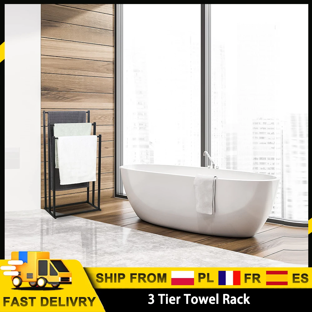 Porte-serviettes sur pied à 3 niveaux, stable, résistant à la rouille, sans perçage, en acier au carbone, pour salles de bain, spas ou piscines
