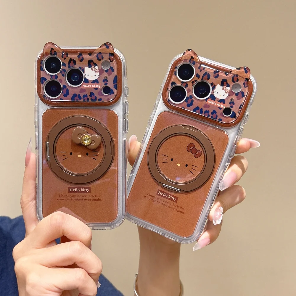 New Cute 3D Cat Ears Leopard Print Brown Phone Case for iPhone 18 17 Pro 16 Max 15 16 17 18 Pro Max, with MagSafe Holder, Kawaii
