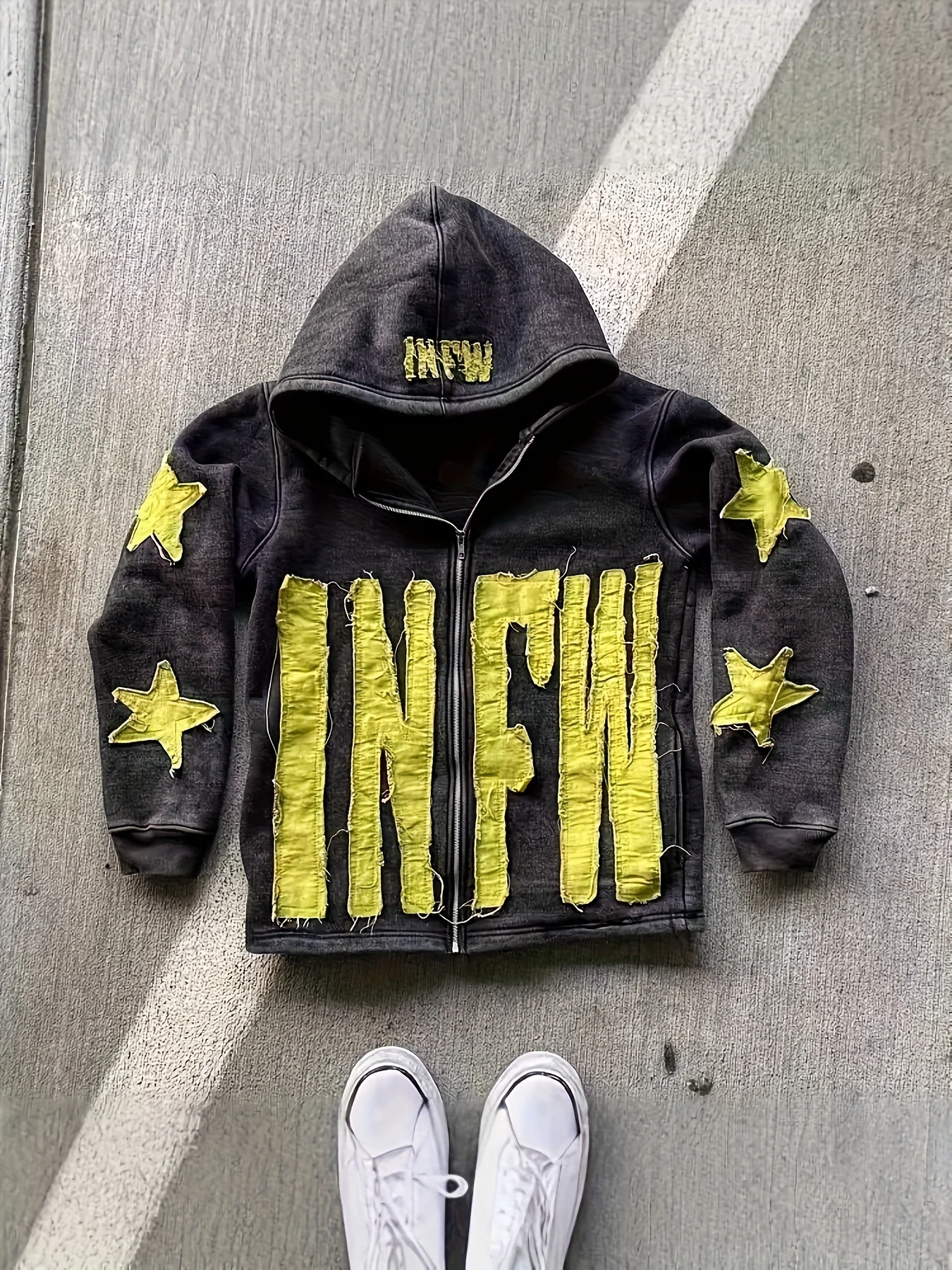 Sudadera con capucha y cremallera estilo streetwear con apliques de estrellas y letras, lavado desgastado, estilo retro, para uso diario, para todas las estaciones.