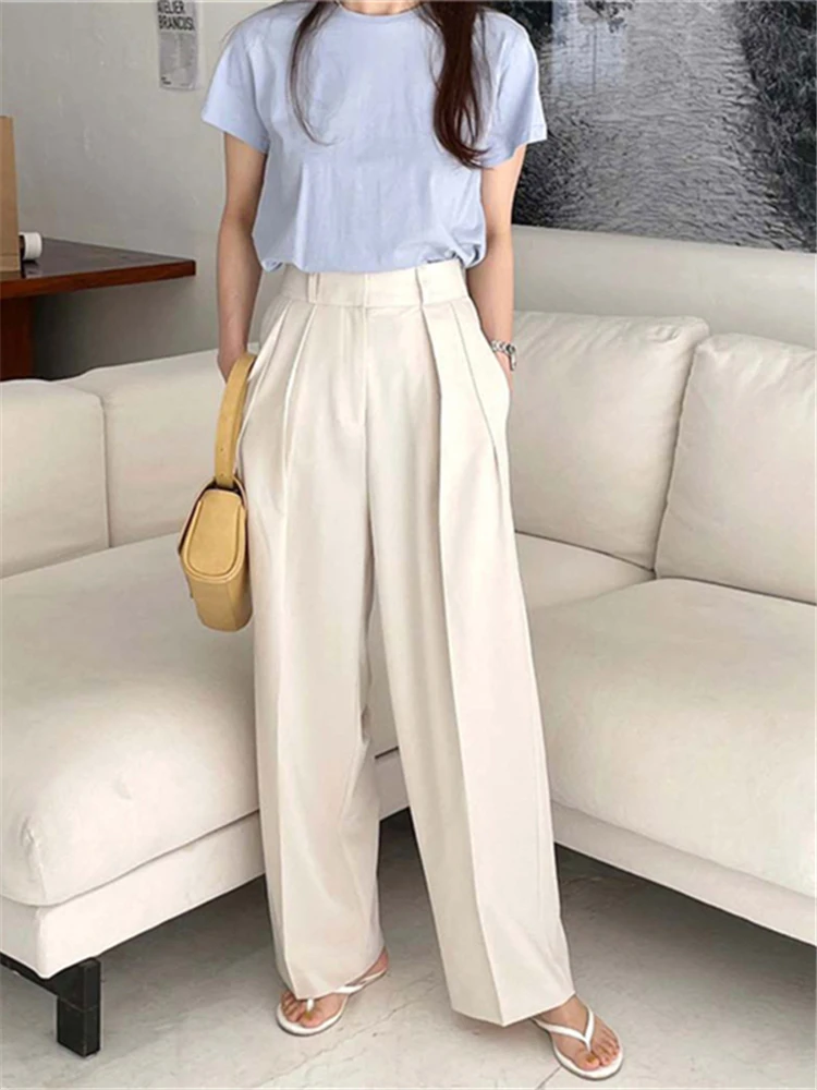 Colorfaith New 2022 Wide Leg Straight High Waist Office Capris Spring Summer Women\'s Suits Pants Ankle-Length Trousers P1702