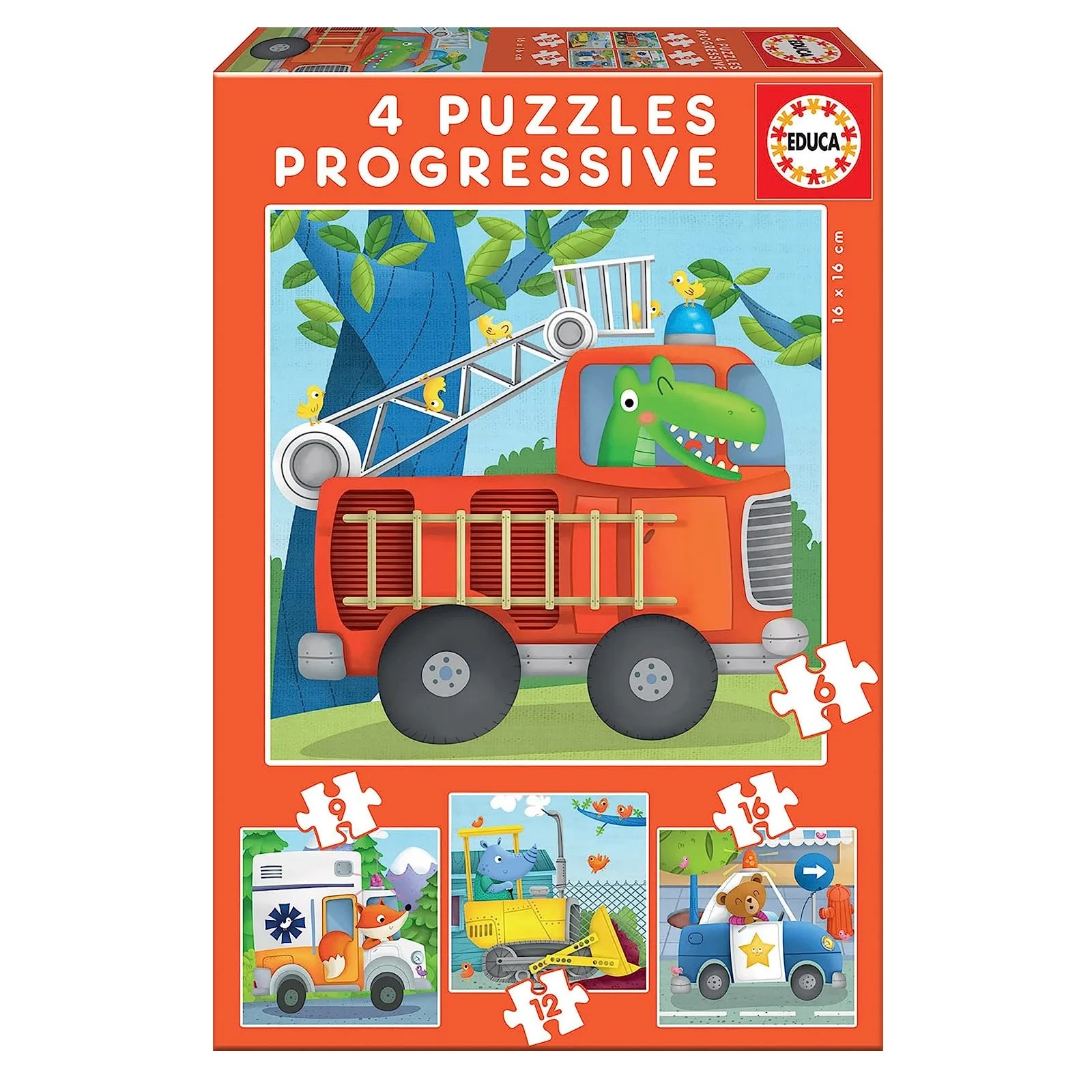 EDUCA, Set of 4 Progressive Puzzles with 6 - 9 - 12 and 16 Rescue Patrol Pieces, Assembled Size 16 x 16 cm., Environmentally Friendly Product, Optimal Fitting of Pieces, Recommended from 3 years