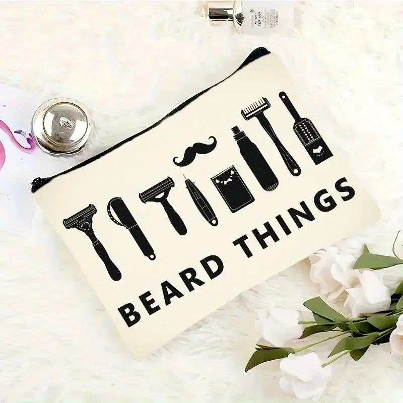 1Pc Men's Grooming Bag, Beard Care Products Retro Design Multifunctional Travel Cosmetic Bag, Snack Storage Bag, Stationery Storage Bag, Fashionable Toiletry Bag, Canvas Double-Sided Printed Zipper Pouch