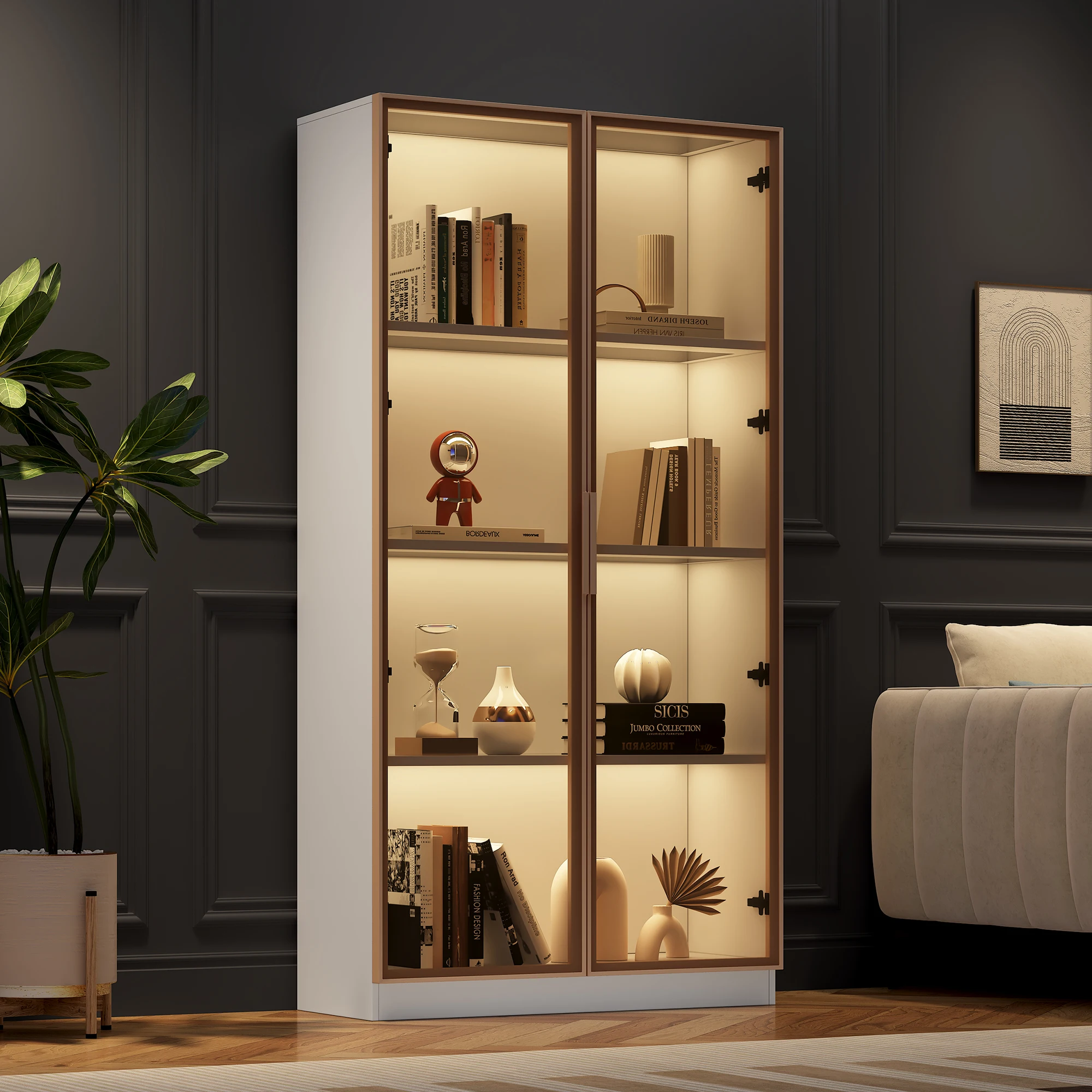 Vitrine en verre avec éclairage LED, vitrine à double porte avec étagères amovibles, 80*40*160cm, armoire haute pour salon, Stan