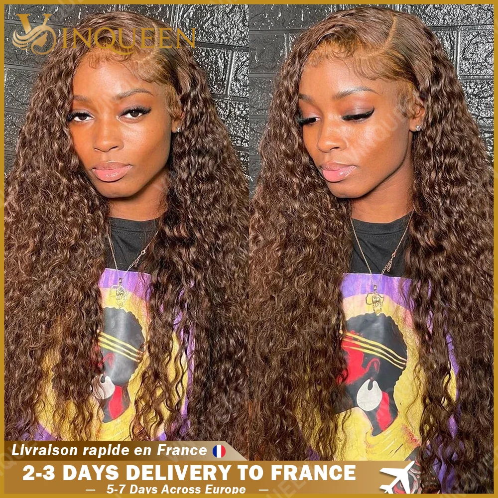 Parrucca con frangia in pizzo, colore marrone cioccolato, 13x4, con onde profonde, realizzata con capelli umani, per donne, colore marrone naturale, capelli ricci ondulati, con ciuffetti di capelli