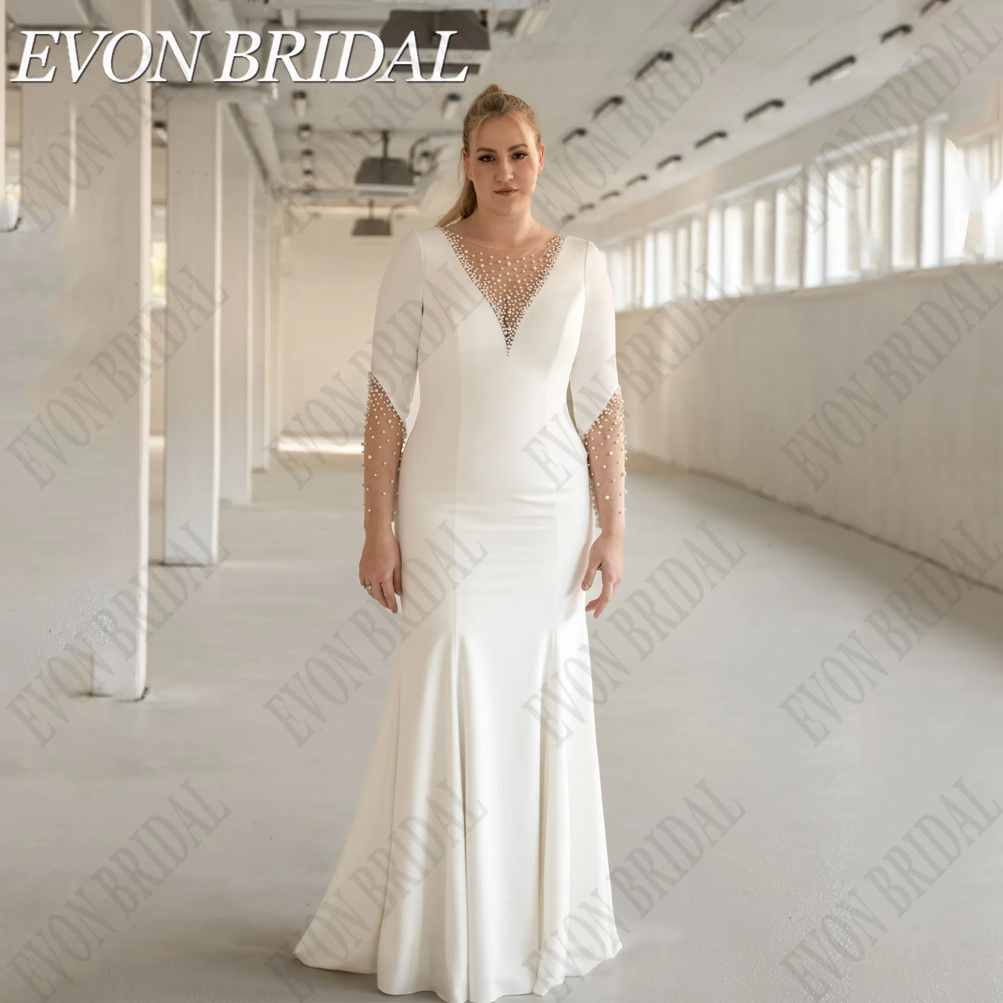 EVON BRIDAL Mermaid Wedding Dress Plus Size Woman O-Neck Satin Bride Gowns Long Sleeves Beading Sweep Train Illusion Back