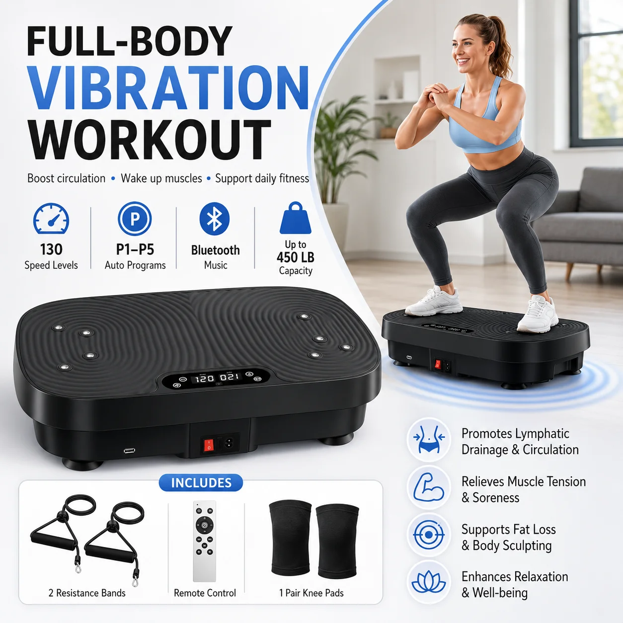 Whole Body Vibration Shaker Platform Home Fat Burning Training Machine Wireless Remote Include Pull Ropes Knee Support Pads Fitness Workout Equipment