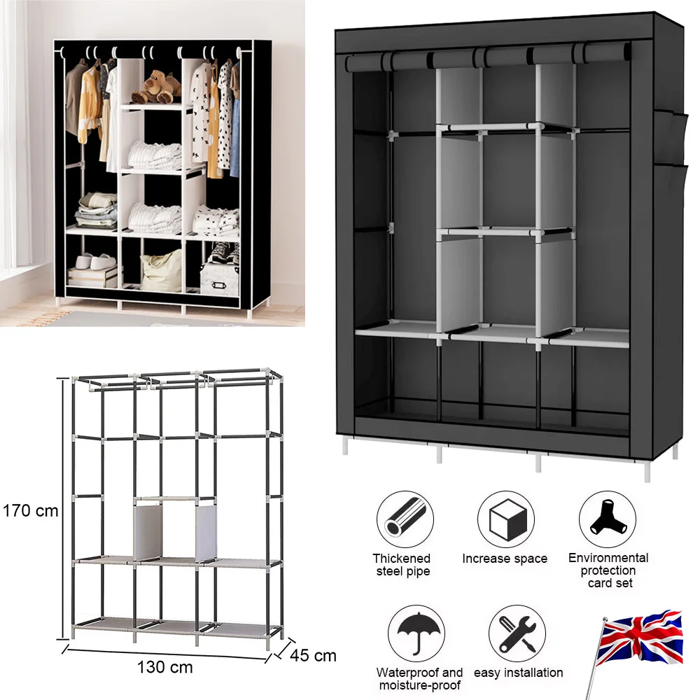 Large Canvas Fabric Wardrobe With Hanging Rail Shelving Clothes Storage Cupboard