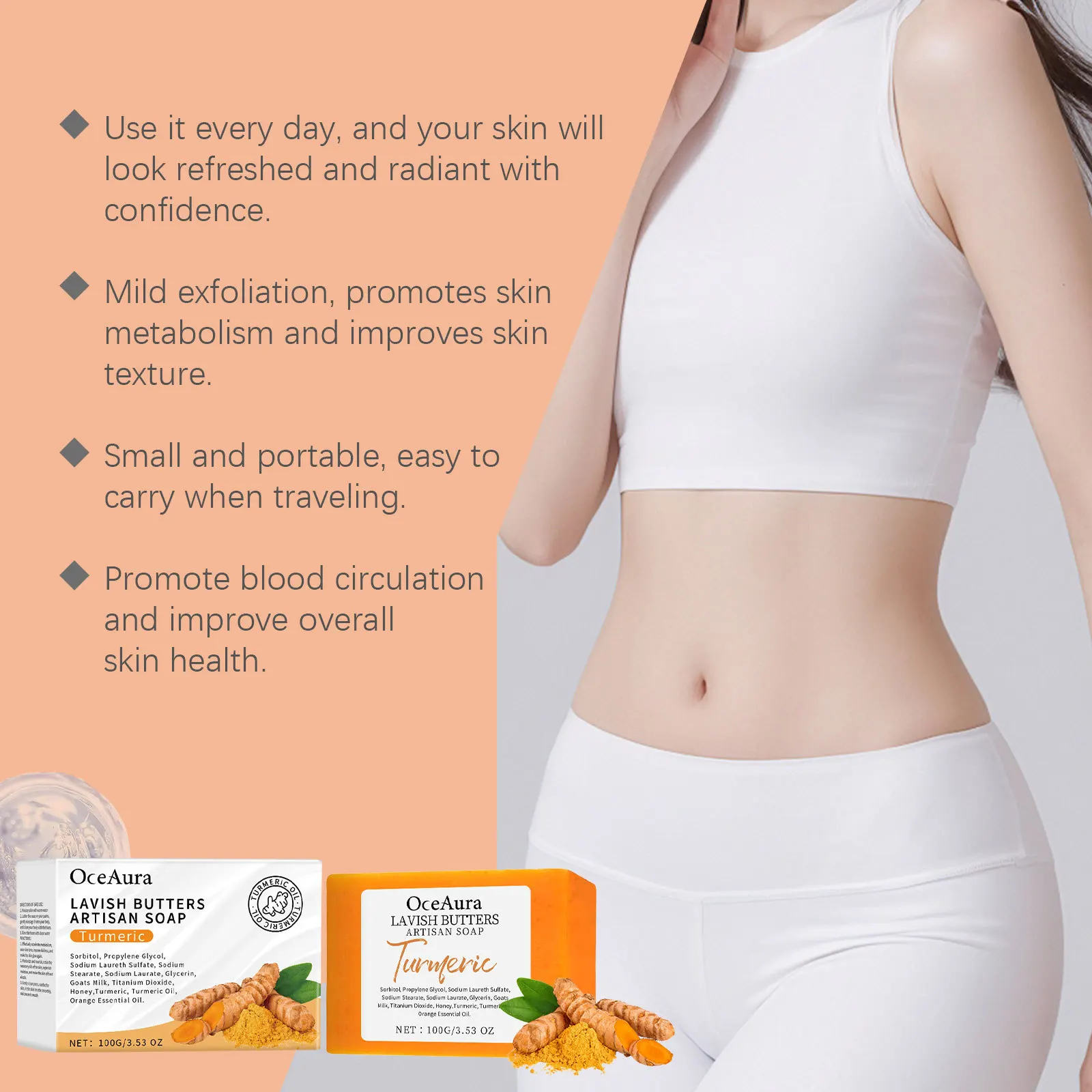 Oceaura 100g Sapone da bagno alla curcuma Esfoliante Pulizia delicata Schiarente Il tono della pelle Rimuove la pelle morta Nutrire Sapone da doccia liscio