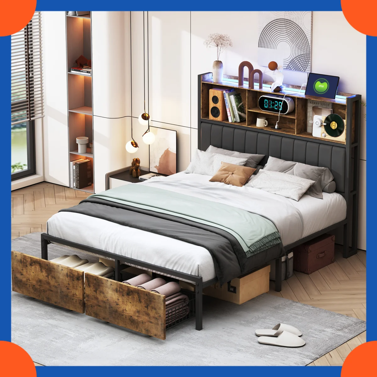 Lit adulte 160x200 cm avec LED et 2 tiroirs, avec sommier à lattes, USB,lit double，tissu en PU, marron
