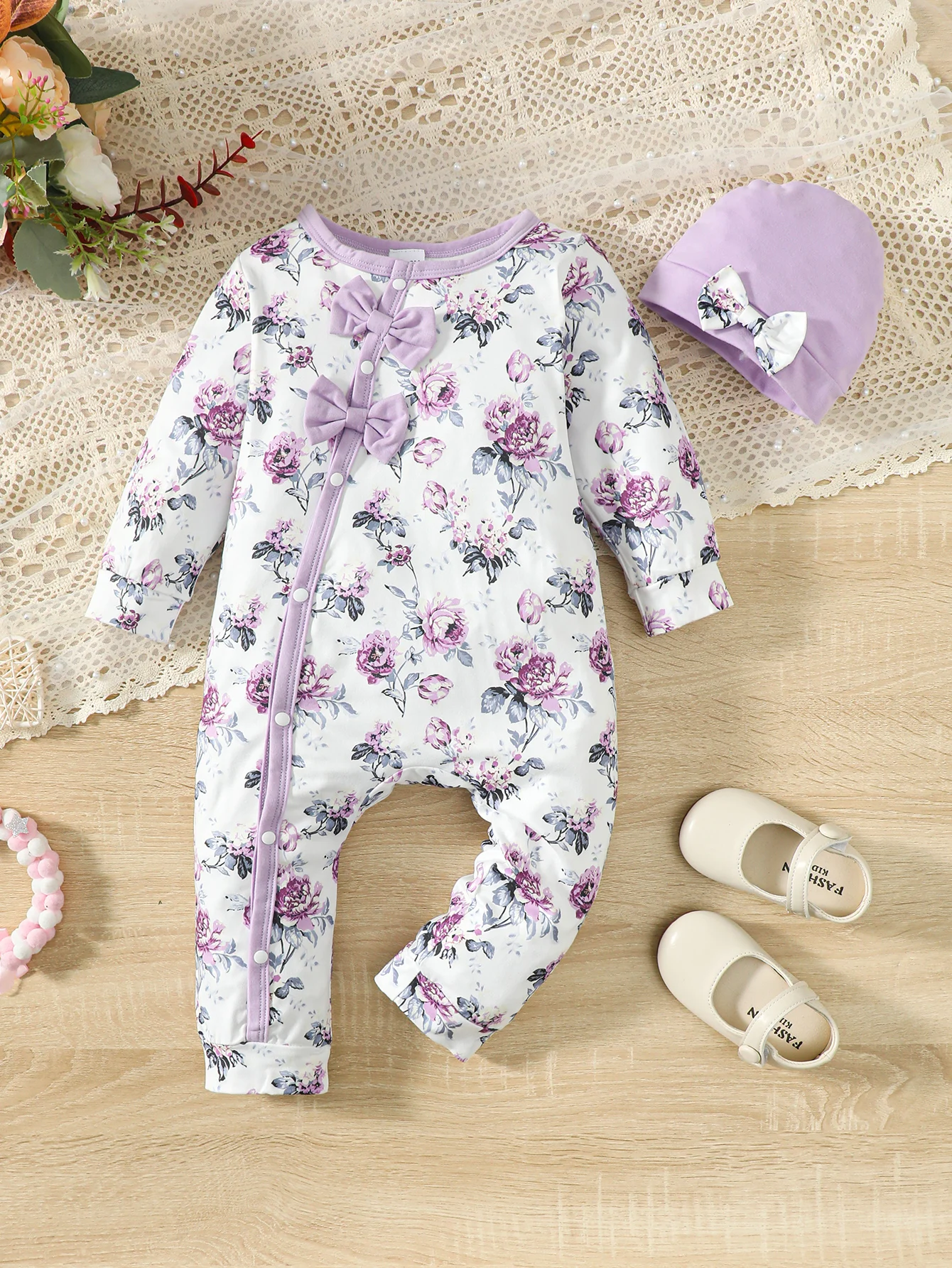 Baby Bodysuit Long Sleeve Infant Bodysuit Autumn Flower Color Knitted Newborn Infant Bodysuit Bodysuit with Bow Hat 1-24M