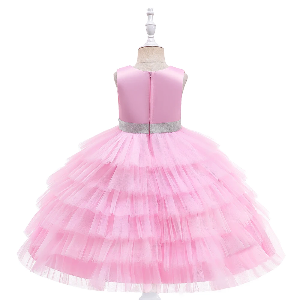 Summer Pink Tulle Girl Party Dresses Vestidos Fluffy Bow Birthday Princess Flower Girls Dress For Kids Wedding Children Clothing