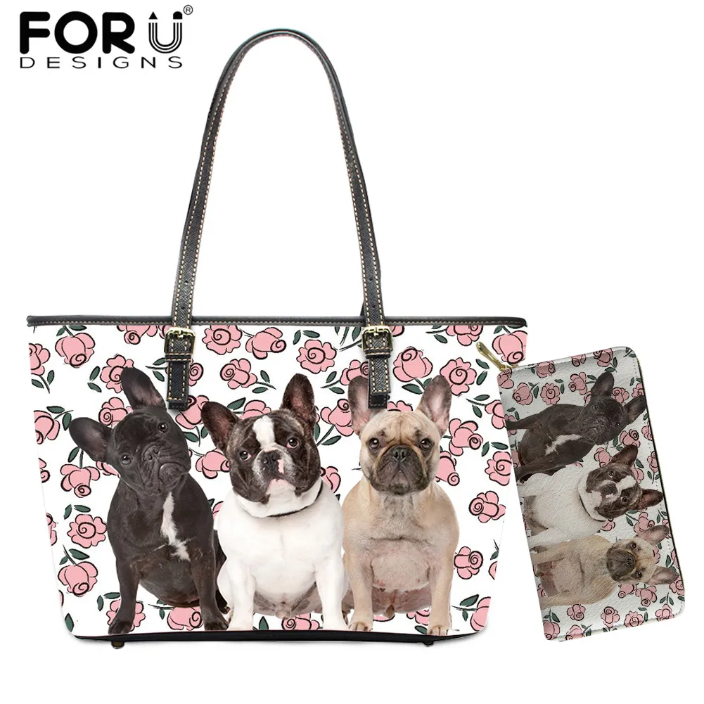 FORUDESIGNS Women Large Capacity Handbags Cute Dog with Flowers Prints Funny Cartoon Shopping Shoulder Bag Wallet for Teen Girls