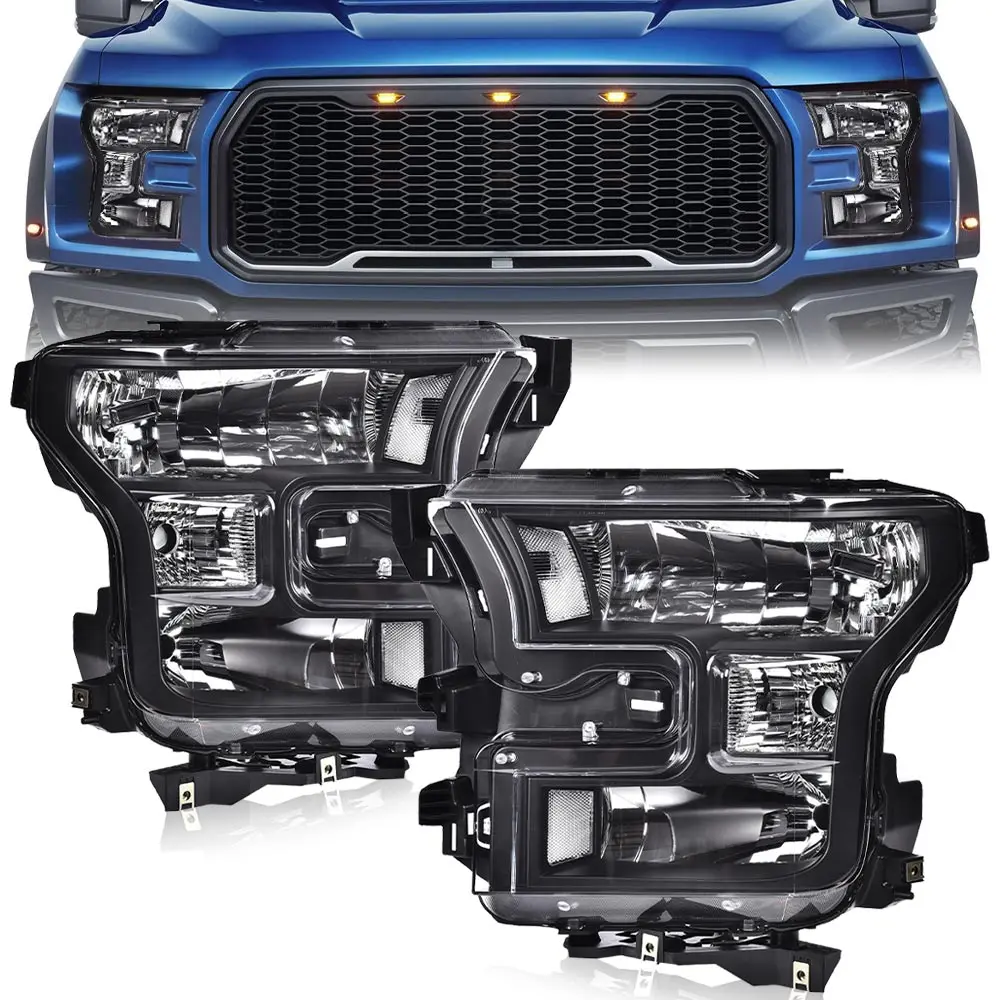 

Black Housing Headlights Clear Lens Head Lamps Lh&Rh Fit for 2015-17 Ford F150 Warm White Halogen Fo2502335,Fo2503335,Fo2502344