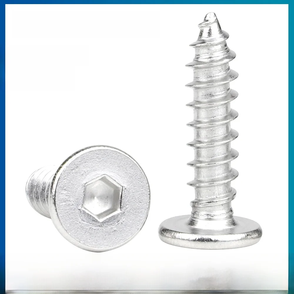 Vis autotaraudeuses à tête plate Ultra fine, douille hexagonale, M2 M2.6 M3 M4 M5 M6 M8, grande vis à bois à tête plate en acier inoxydable, 10 à 50 pièces