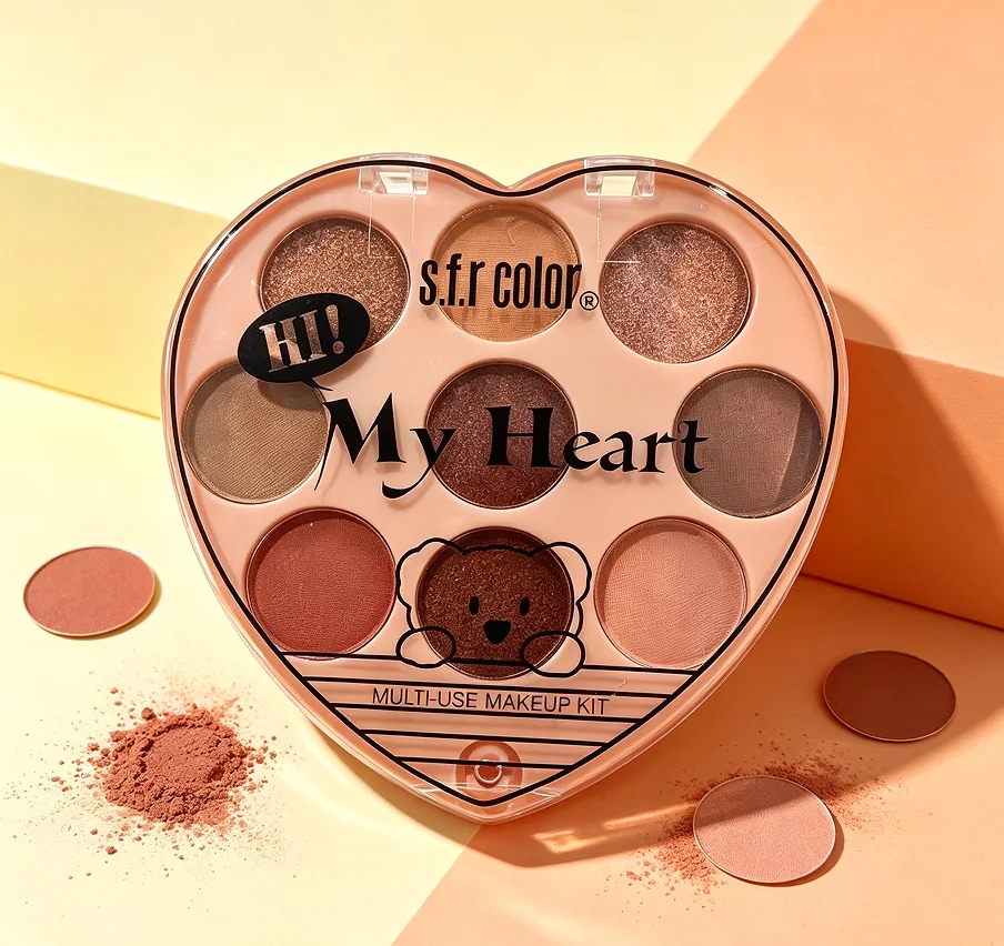 Cute Heart Shaped 9 Colors Makeup Palette s.f.r color My Heart Multi-functional Matte & Shimmer Eyeshadow Blush Bronzer Powder Portable All-in-One Face Cosmetic Kit For Daily Dating Travel Makeup