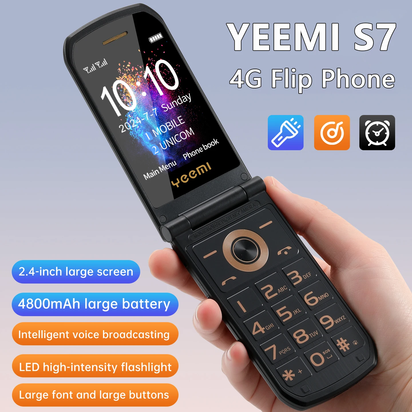 YeeMI S7 4G Rugged Feature Phone Big Button Large Fonts Dual SIM Dual Screen Filp Phones 4800mAh Clamshell Cellphone For Old Man