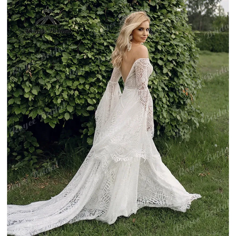 Modest Long Batwing Sleeve Backless Lace Bohemian Wedding Dress for Bride 2024 Rustic Wedding Gown Customized vestido casamento