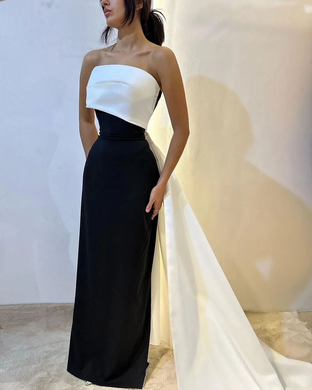 Msikoods Satin Prom Dresses 2024 Customized Women Strapless Sheath Evening Gowns Special Occasion Dress Patchwork Party Dress