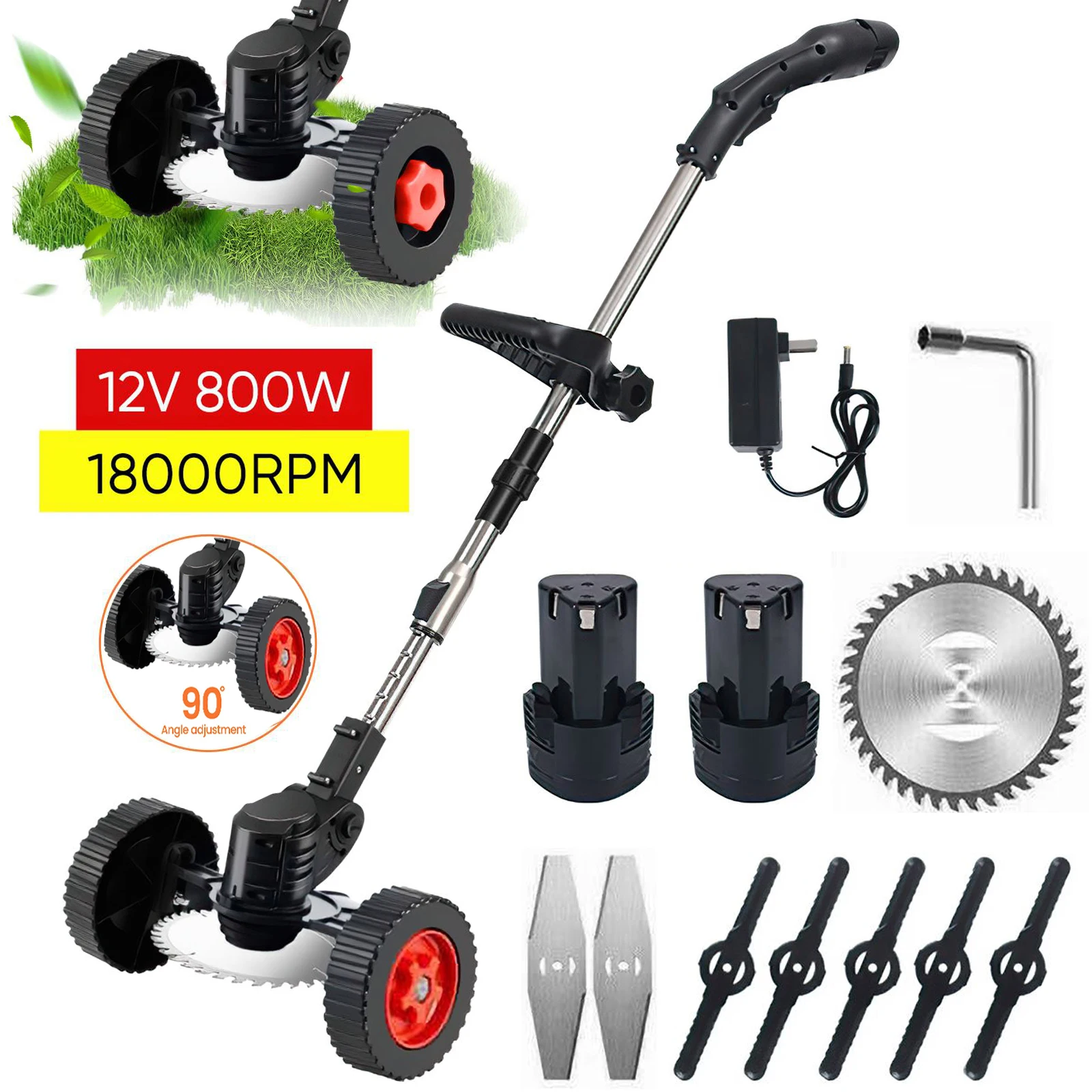 12V 800W Electric Lawn mow RPM Portable Folk Lawn Mower With Wheels Adjustable Home Garden oils 2 Batteries