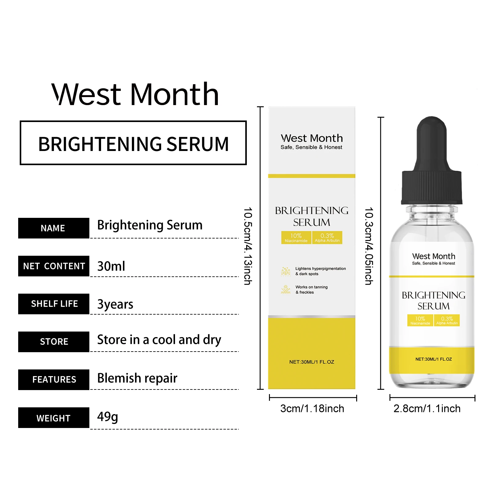 West Month 30ml Siero schiarente per la pelle Niacinamide Idratante Ringiovanimento rassodante Migliora l'opacità Siero viso schiarente
