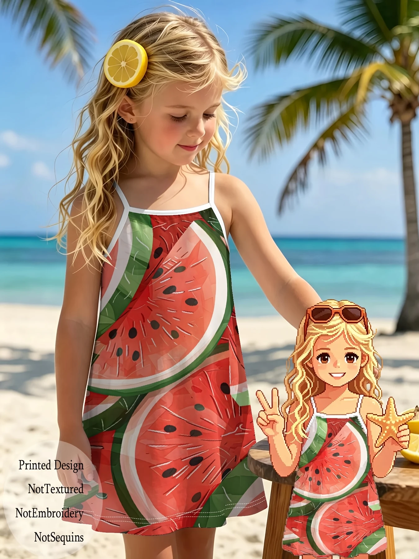 Little Kid Spaghetti Strap A‑Line Dress Vivid Watermelon Fruit Print Casual Light Summer Outfit for Teen Daily Beach Wear