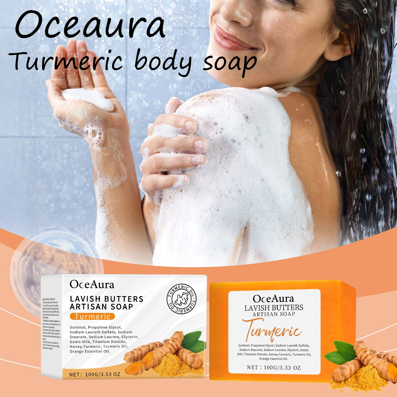 

Oceaura Turmeric Skin Care Soap Promote Skin Health Brightening Skin Tone Smoothing Cleaning Pore Dirts Fresh Fragrance Soap Bar