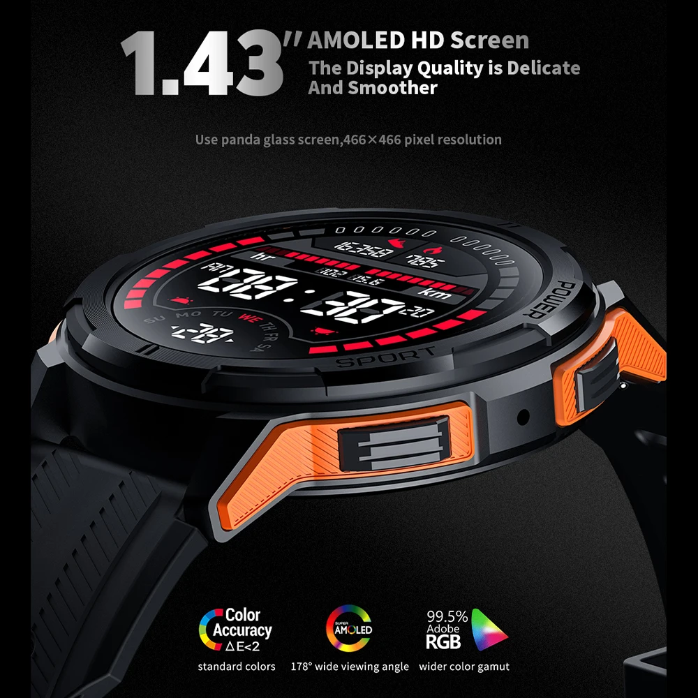 SKMEI 410mAh AMOLED Smartwatch 1.43 inch 1ATM Waterproof Heart Rate Monitor Pedometer Bluetooth Call Smart Watch for android ios