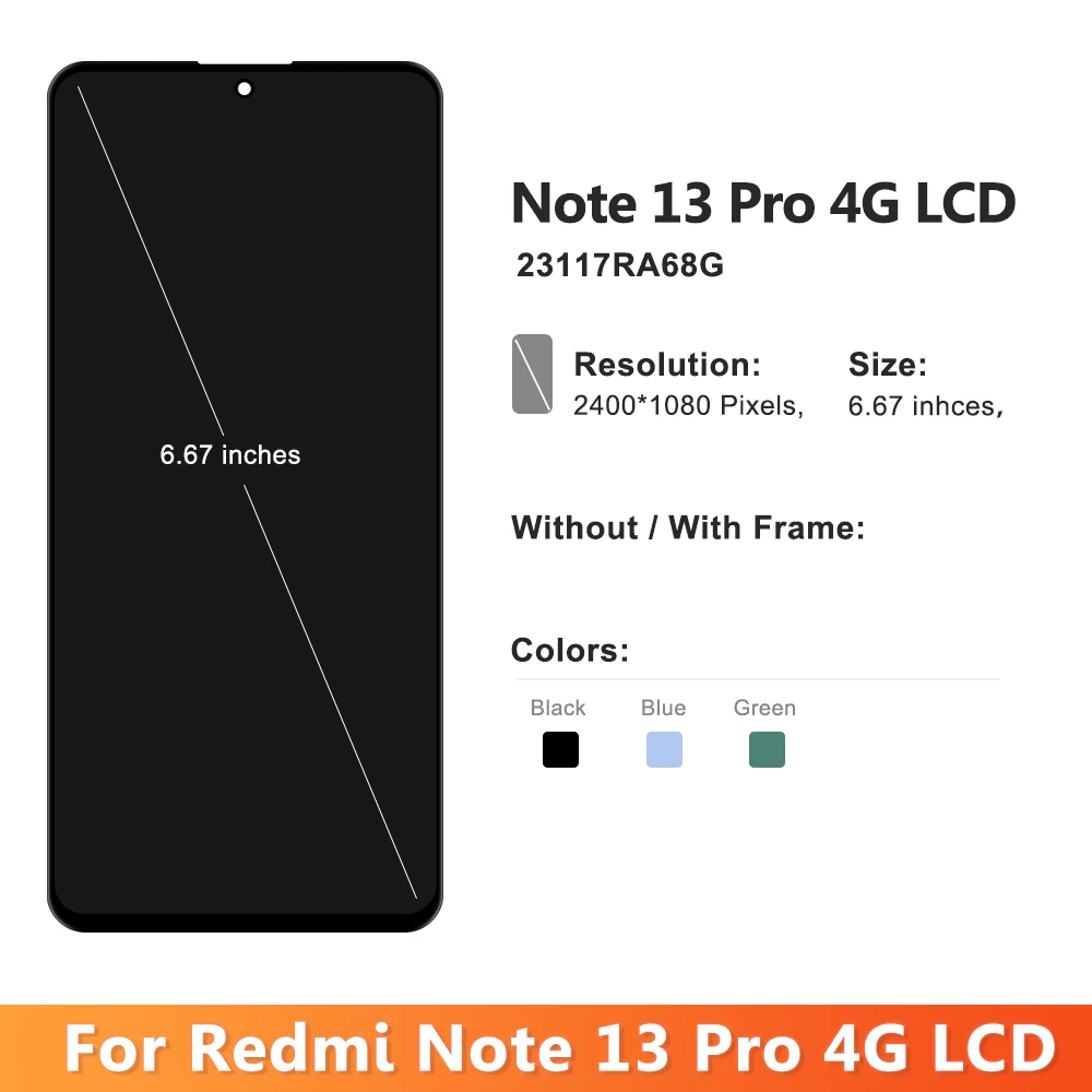 6.67\'\' AMOLED For Xiaomi Redmi Note 13 Pro 4G LCD 23117RA68G Display With Frame Touch Screen Digitizer Assembly Replacement