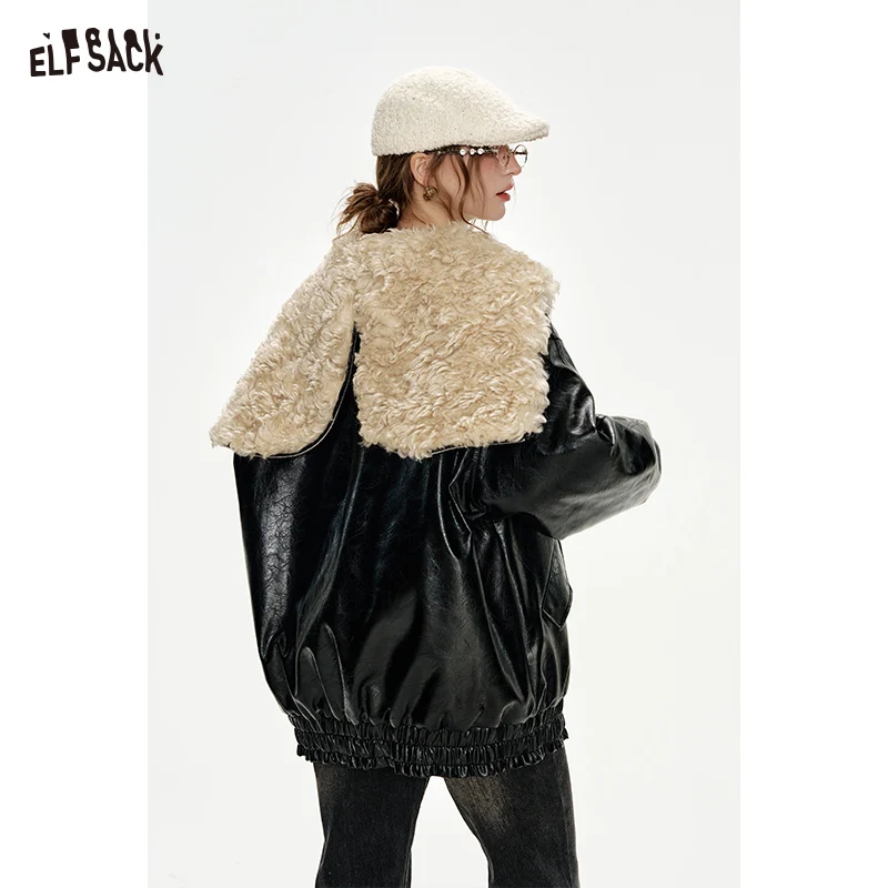 ELFSACK 2024 Winter New Arrivals PU Black Large Faux Fur Collar Horn Button Leather Jacket