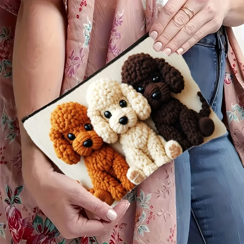 1Pc Cute Crochet Poodle Puppy 2D Flat Retro Design Multifunctional Travel Makeup Bag, Snack Storage Bag, Stationery Storage Bag, Fashionable Toiletry Bag, Canvas Double-Sided Printed Zipper Pouch